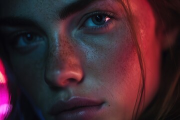 Naklejka premium Close-up portrait of a young woman with freckles illuminated by vibrant colored lights