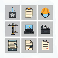 Construction and engineering tools and equipment icons for business.