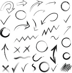 Collection of hand drawn black ink brush stroke circles and lines on white background
