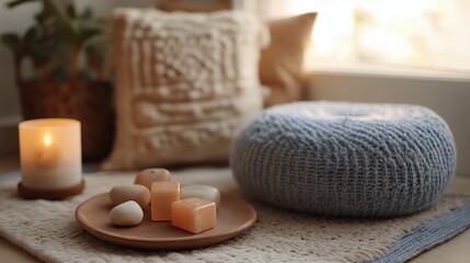 Cozy living room scene with a beige rug on the floor. on the rug, there is a round blue knitted ottoman with a textured pattern.