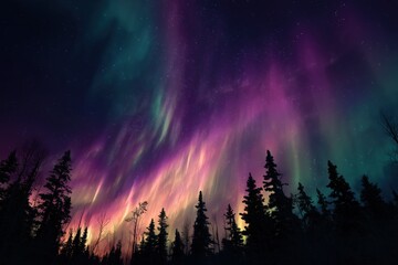 Naklejka premium Breathtaking aurora borealis illuminating sky over silhouette of evergreen trees at night