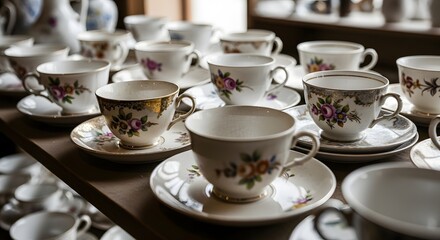 Rows of vintage teacups and saucers with floral patterns are displayed on a shelf, creating a sense of nostalgia and collection.