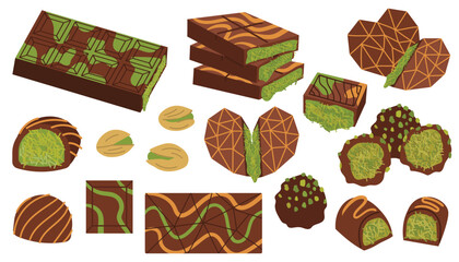 Set of elements with Dubai chocolate and candies with pistachio in flat cartoon style. Cute dessert icons for confectionery, packaging, cafe, sweet card, invitation, or food design project.