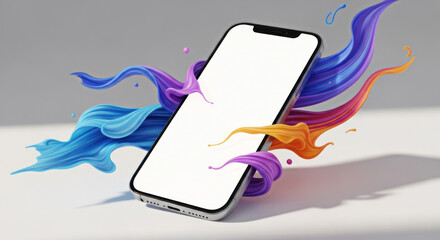 Modern smartphone displaying blank screen surrounded by vibrant colorful flowing fabric swirls