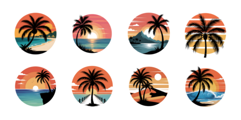 Set of eight retro sunset illustrations with palm trees isolated on transparent background, perfect for summer vibes and vacation themes