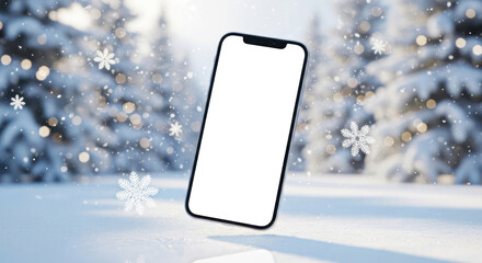 Modern smartphone with blank screen floats in a festive snowy winter forest setting