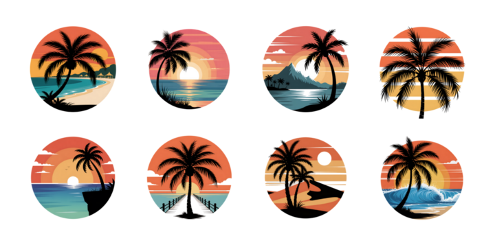 Set of eight retro sunset illustrations with palm trees isolated on transparent background, perfect for summer vibes and vacation themes