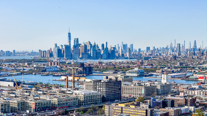 Aerial landscape of Manhattan skyline from Sunset Park Borough Park Brooklyn in New York City NY