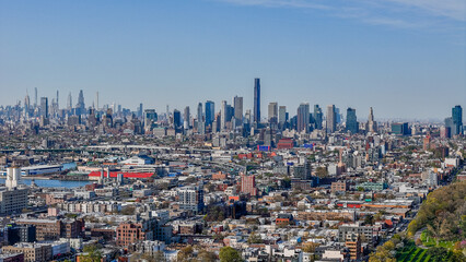 Aerial landscape of Manhattan skyline from Sunset Park Borough Park Brooklyn in New York City NY