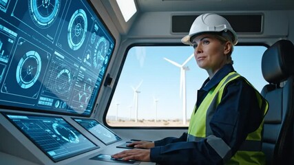 A female engineer monitors wind turbine operations from a high-tech control room, ensuring efficient renewable energy production. - Powered by Adobe