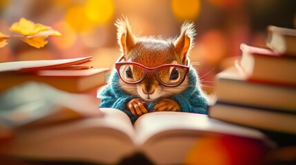 A squirrel wearing glasses and a cozy sweater, surrounded by books, creating a scene of studious charm