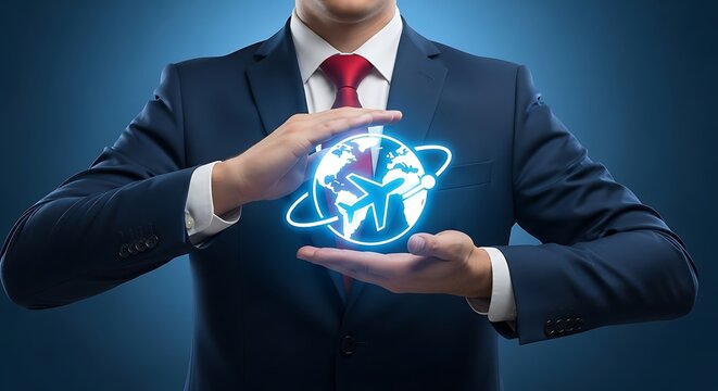 Global travel protection offered by a professional business man wearing a suit, ensuring safe flights and worldwide connections for travelers