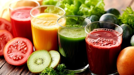 Selection of freshly squeezed vegetable juices in glasses with ingredients like tomato, kiwi, and lettuce for a healthy lifestyle concept