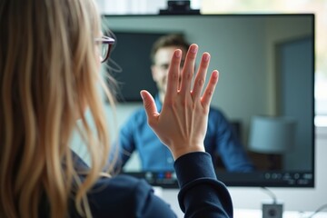 Person on Video Call Waving Hello as Hand Reaches Out from Screen