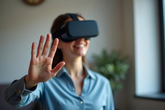 Title: Virtual Reality User Waving Hello During Video Conferencing Call