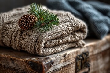 Cozy Winter Scene With Knit Blanket Pinecone And Evergreen On Rustic