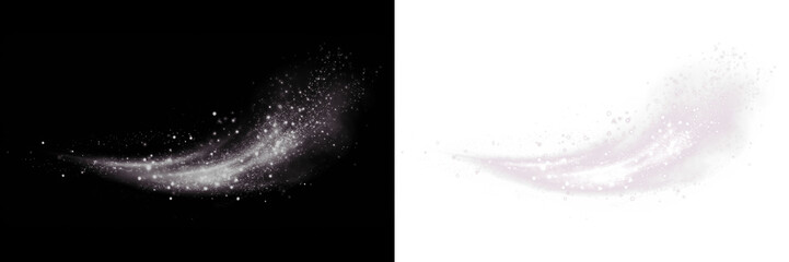 Abstract png overlay featuring a dynamic swirl of sparkling particles on contrasting black and white backgrounds, ideal for creative design and visual enhancement projects