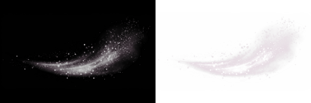 Abstract png overlay featuring a dynamic swirl of sparkling particles on contrasting black and white backgrounds, ideal for creative design and visual enhancement projects