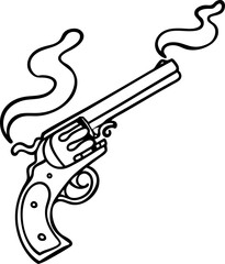 Vintage revolver with smoke curling from barrel classic handgun outline, old western firearm, traditional weapon illustration
