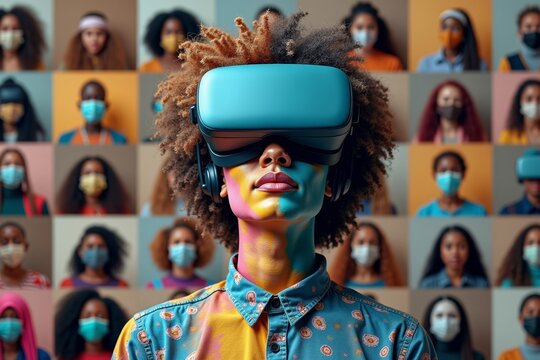 wearing a virtual reality headset - A fusion of multicultural avatars in a stunning photo compilation - A captivating portrait of a individual immersed in virtual reality