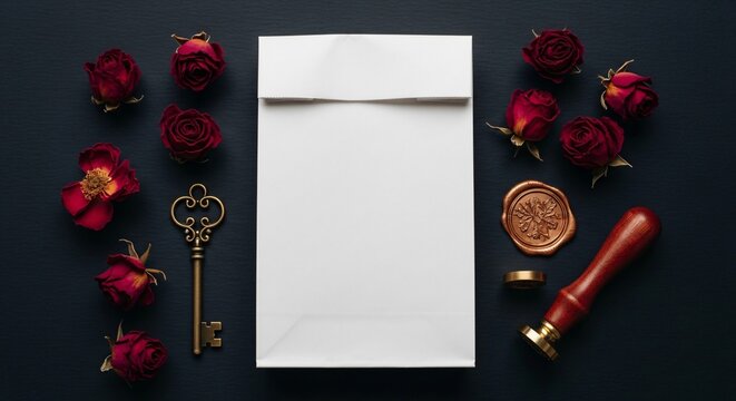 Vintage invitation or letter with red roses, key, wax seal, and stamp