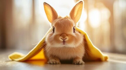 Cute bunny snuggled under a yellow blanket, basking in warm sunlight, offering a cozy and serene vibe