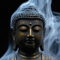 Buddha Statue Surrounded by Mystical Smoke on Black Background