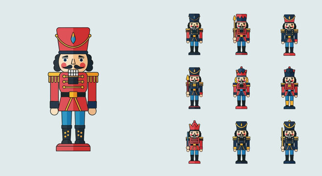 A large detailed illustration of a red uniformed toy soldier nutcracker stands beside several smaller variations of the wooden figure.