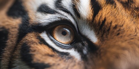 A striking  reveals the captivating eye of a majestic feline, showcasing its intricate details and warm, amber irises with sharp focus, emphasizing the intense gaze and textural fur patterns.