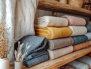 A stack of eco-friendly fabrics dyed with plant-based pigments, displayed on wooden shelf, calming aesthetic
