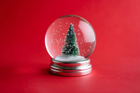 Sparkling Christmas Snow Globe Featuring a Pine Tree Against a Vibrant Red Background, Capturing the Essence of Holiday Cheer and Winter Wonder