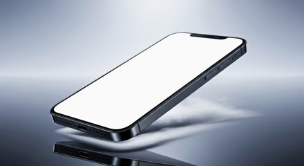 Modern smartphone with a blank white screen tilted and reflected on a textured surface