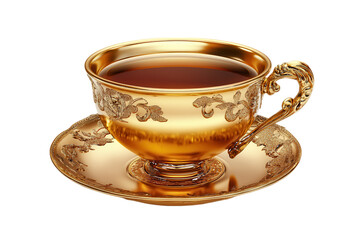 Gilded Teacup and Saucer with Intricate Floral Design image isolated on a transparent background