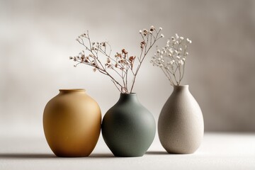 Three decorative vases with dried flowers on a soft background for elegant home decor