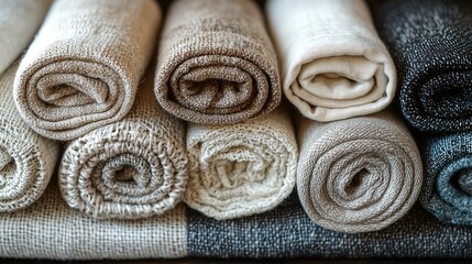 Folded rolls of linen and bamboo fabric in neutral palette, arranged neatly for eco-conscious design studio