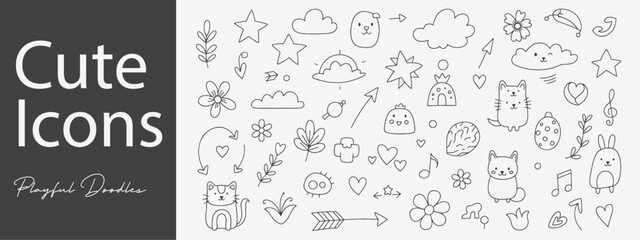 Cute Doodle Icons Hand Drawn Style Collection Whimsical Stars Flowers Animals Hearts and More Creative Design Elements