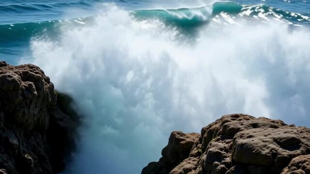 Vector art of powerful ocean wave crashing against rocky shore with white foam and sparkling sunlight on the water surface, capturing the dynamic beauty of the sea