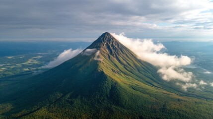 Majestic mountain peaks shrouded in a light mist, with lush green hills. A breathtaking scene showcasing the height of the mountains and the distant scenery.