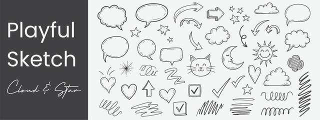 Cute Doodles Pets and Clouds Vector Art Bunny Cat Flower Clouds Stars Hearts Arrow Lightning Doodle Set Illustration