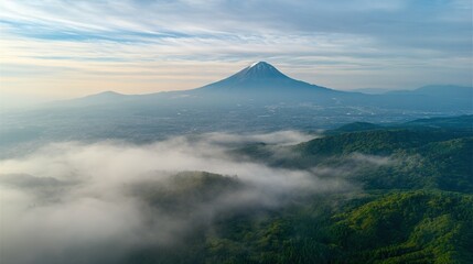 Majestic mountain peaks shrouded in a light mist, with lush green hills. A breathtaking scene showcasing the height of the mountains and the distant scenery.