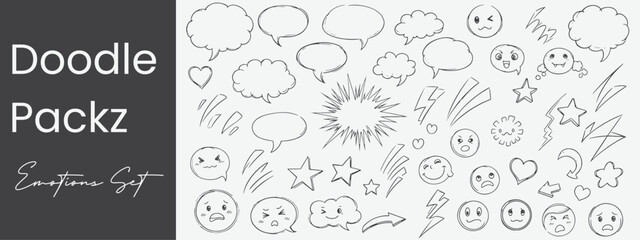 Doodle Packz Expressive Emotions Fun Elements Hand Drawn Speech Bubbles Hearts Stars and Arrow Icons for Creative Design