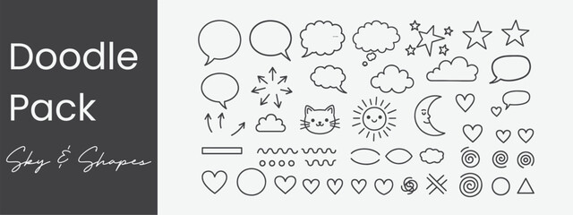 Sky Doodles Shapes Cloud Icons Sun Moon Stars Hearts Arrows Bubbles Cute Cat Simple Kawaii Black Line Vectors Drawing