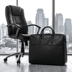 Black leather briefcase beside an office chair overlooking a cityscape