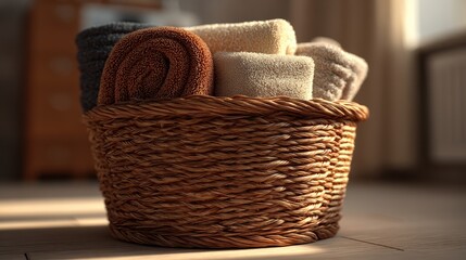 Warm Towels In A Woven Basket On A Sunlit Window Sill With Soft
