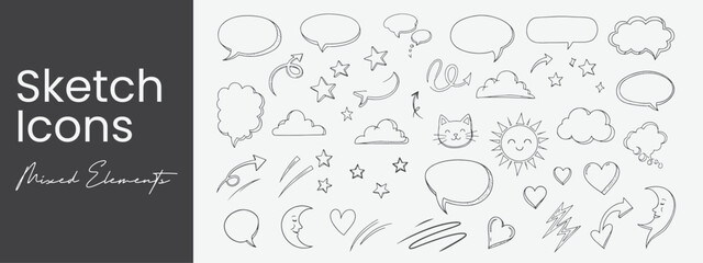 Hand Drawn Sketch Icons Collection Cute Speech Bubbles Arrows Stars Clouds Cat Moon Sun Heart Graphics Vector Elements