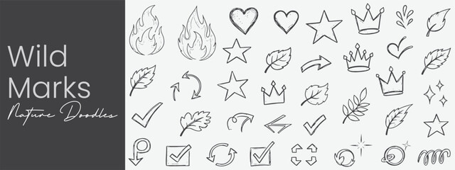 Wild Marks Nature Doodles Fire Hearts Stars Crowns Leaves Arrows Checks Hand Drawn Sketch Elements for Graphic Design