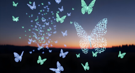 Dynamic swarm of glowing butterflies with QR code wings soaring at sunset, representing technology and innovation in nature