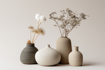 Elegant display of minimalist ceramic vases filled with dried flowers against a neutral background