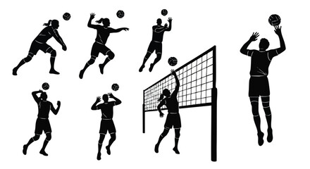 Volleyball Player Silhouette Vector — Volleyball Action Poses with Ball and Net