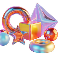 Group of iridescent 3D geometric shapes on black sphere cube isolated on a transparent background